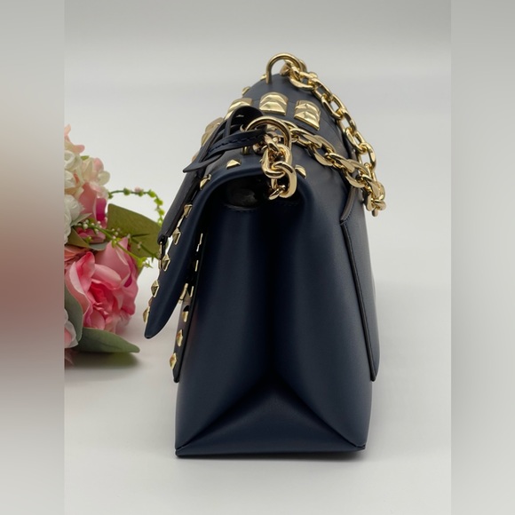 Michael Kors Navy Faux Leather Studs Satchel Shoulder Bag - Picture 11 of 16